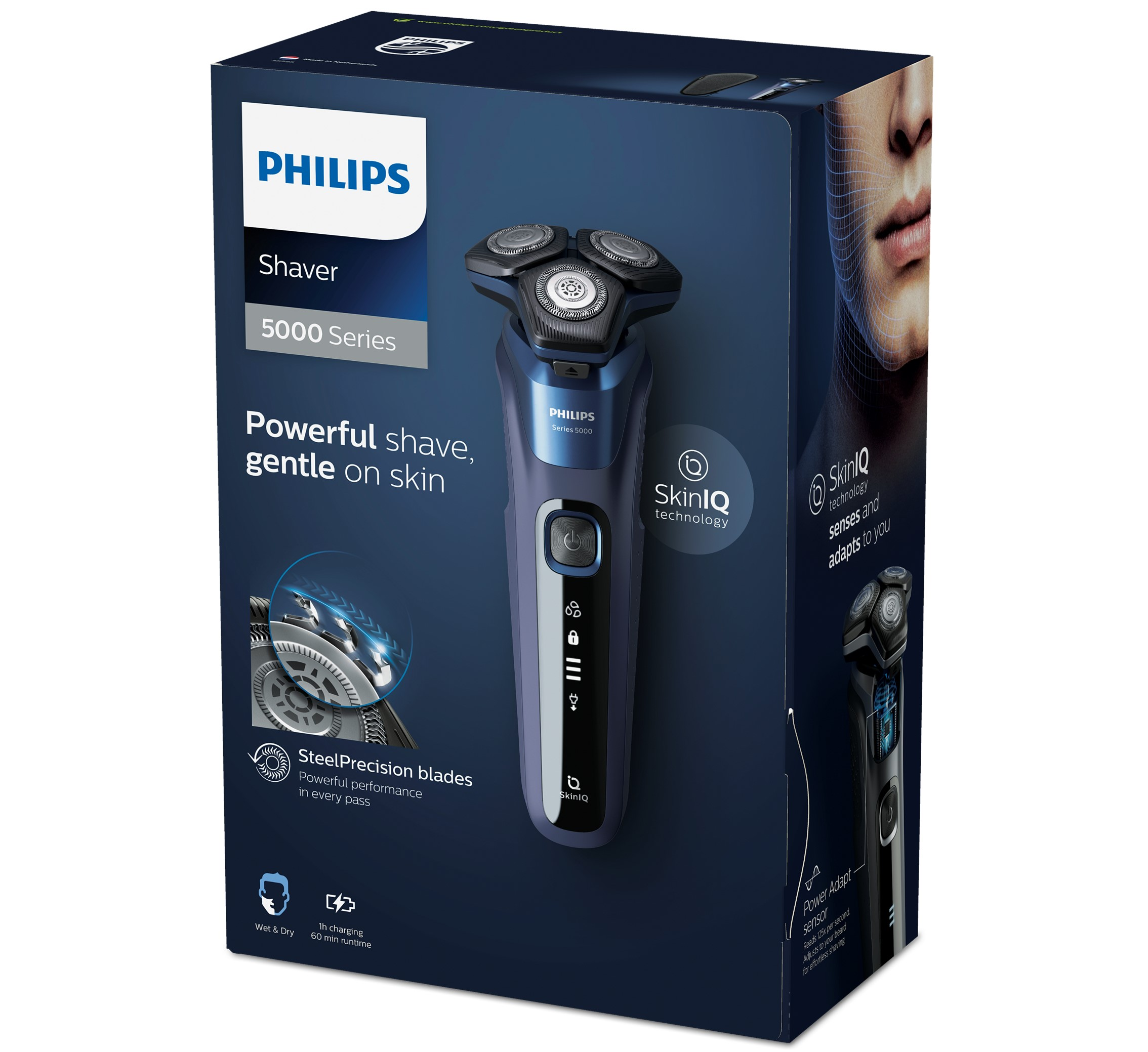 Caja de afeitadora Philips con una afeitadora. Texto: '5000 Series', 'Powerful shave, gentle on skin'.