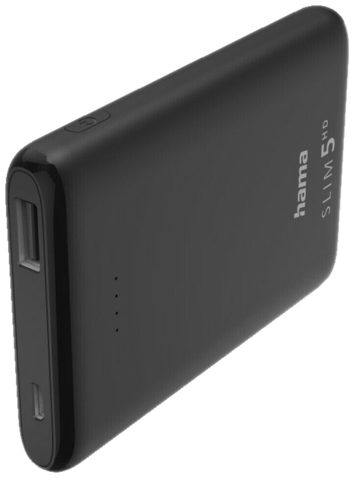 Batterie externe Hama Slim 5 HD noire. C'est un rectangle avec un port USB et un bouton d'alimentation.