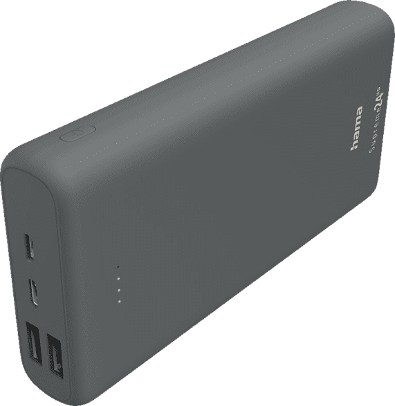 Batterie externe gris foncé avec ports, boutons et nom de marque.