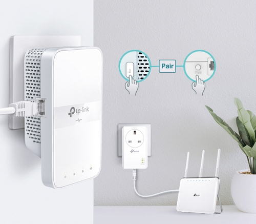 Een witte TP-Link extender aangesloten op een muur en een router op een tafel, met koppelingspictogrammen.