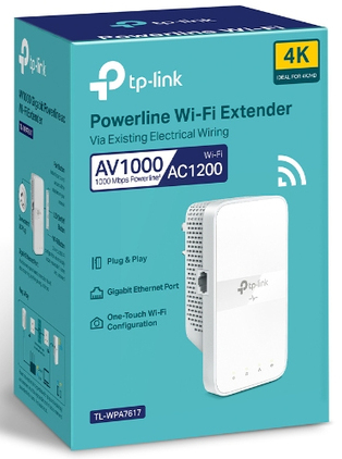 Een witte TP-Link Powerline Wi-Fi Extender doos, schuine weergave. Er staat AV1000 en AC1200.