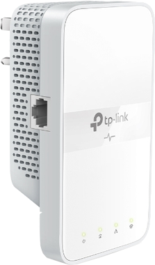 Een witte TP-Link Wi-Fi-extender aangesloten op een stopcontact, met indicatielampjes.