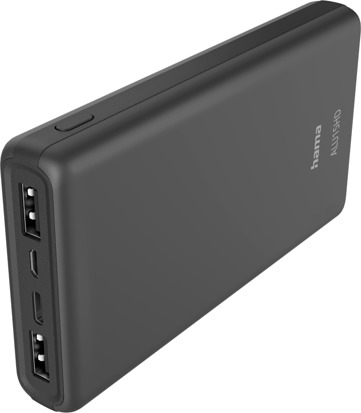 Batterie externe noire, ports noirs. Texte Hama ALU15HD visible.