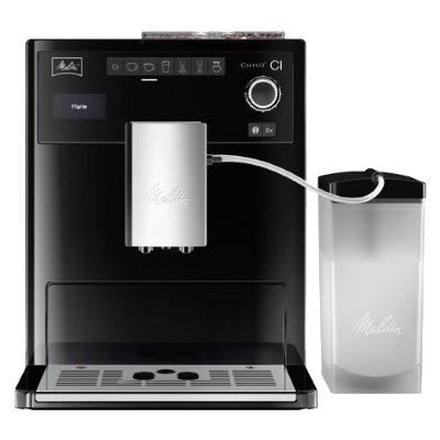 Cafetera negra con recipiente para leche. Tiene una pantalla y botones. Boquilla plateada.