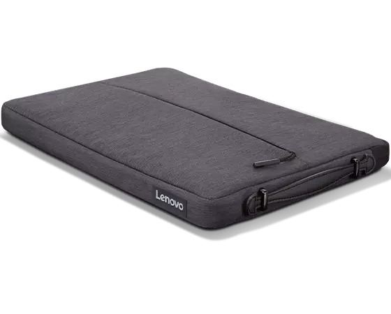 Koyu gri bir Lenovo dizüstü bilgisayar kılıfı. Lenovo logosu görünür. Kılıf kapalıdır.