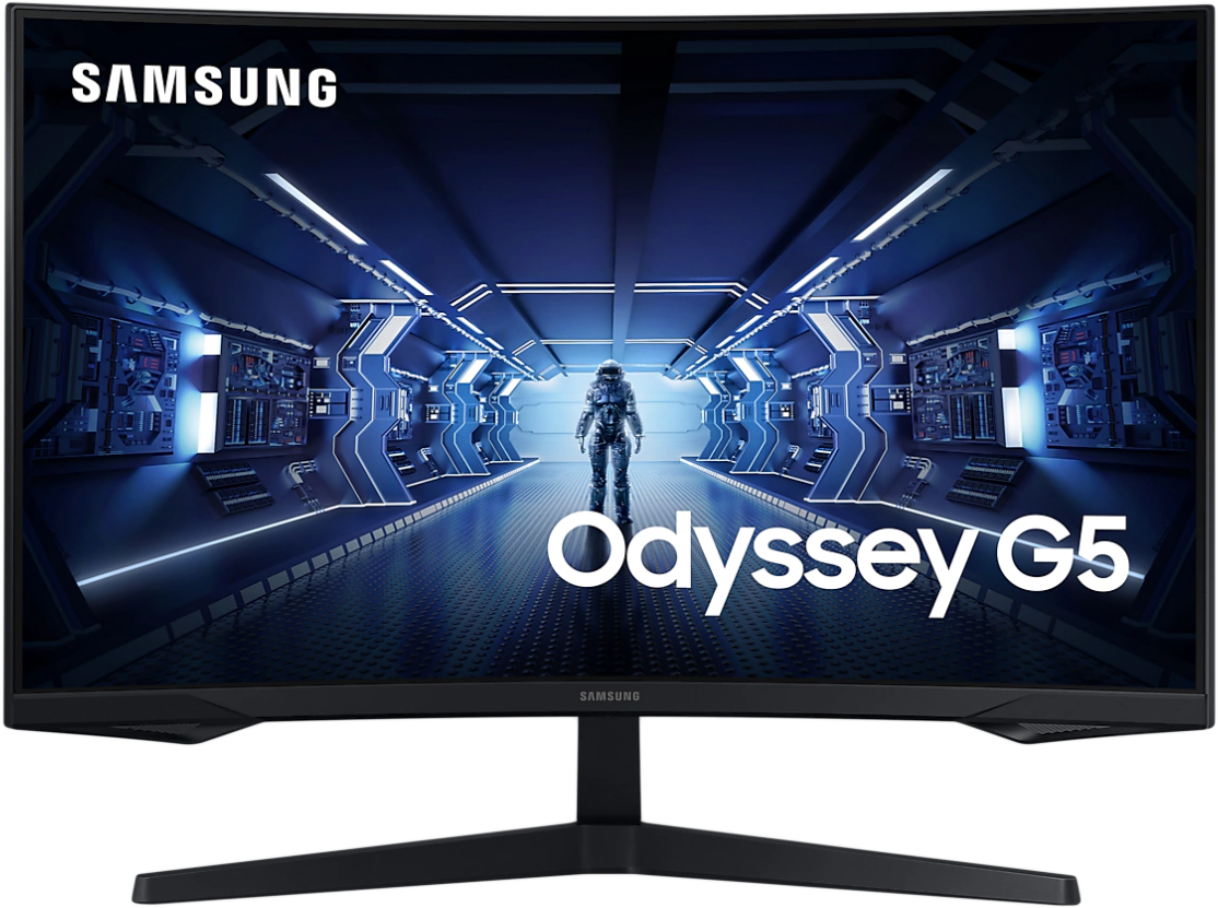 Ívelt Samsung Odyssey G5 monitor, űrszekvenciát mutat.