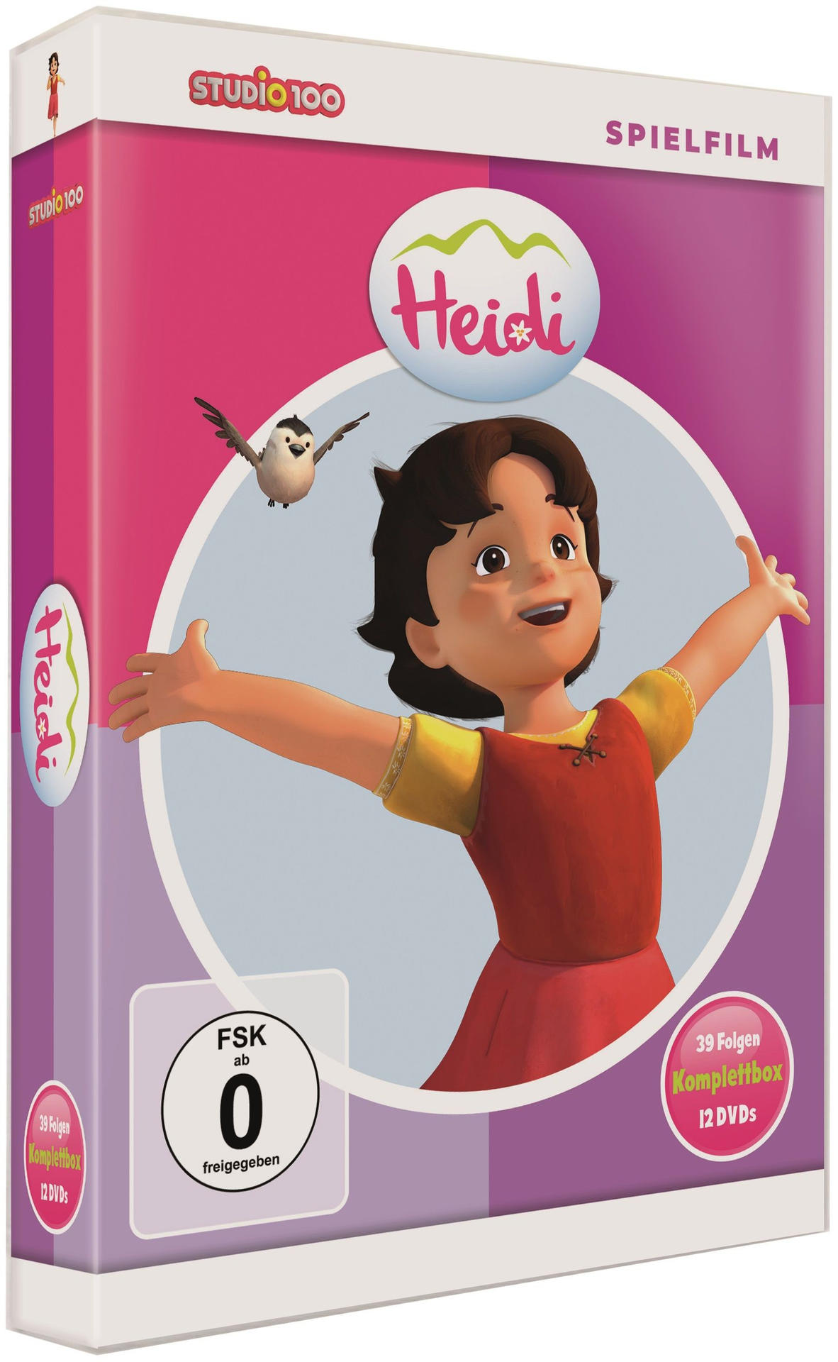 Filmcover von Heidi. Ein Mädchen mit rotem Kleid lächelt. Ein Vogel fliegt.