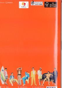 Ein Buchcover mit Bildern von Menschen in verschiedenen Outfits auf orangefarbenem Grund.