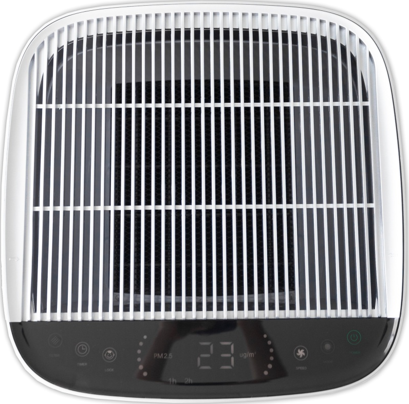 Vue de dessus du purificateur d'air. Il possède une grille avec un écran affichant 23 ug/m3 et des boutons de commande.