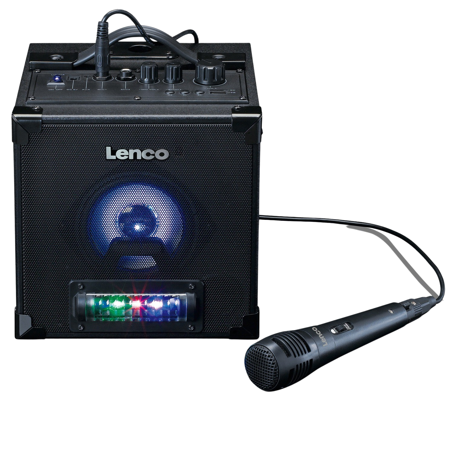 Black speaker with a microphone. The speaker has a light in the middle.