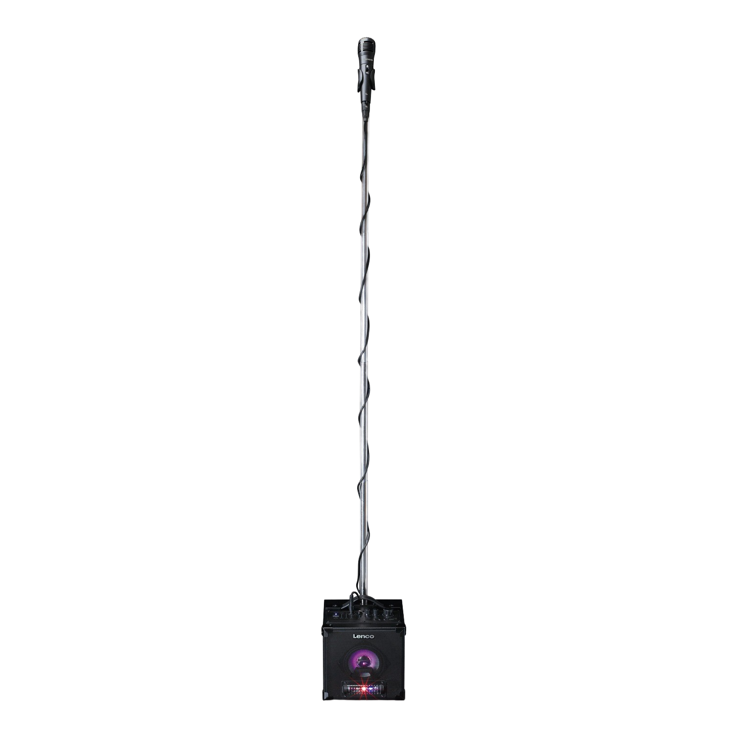 A microphone on a tall stand, with a speaker at the base. All on a black background.