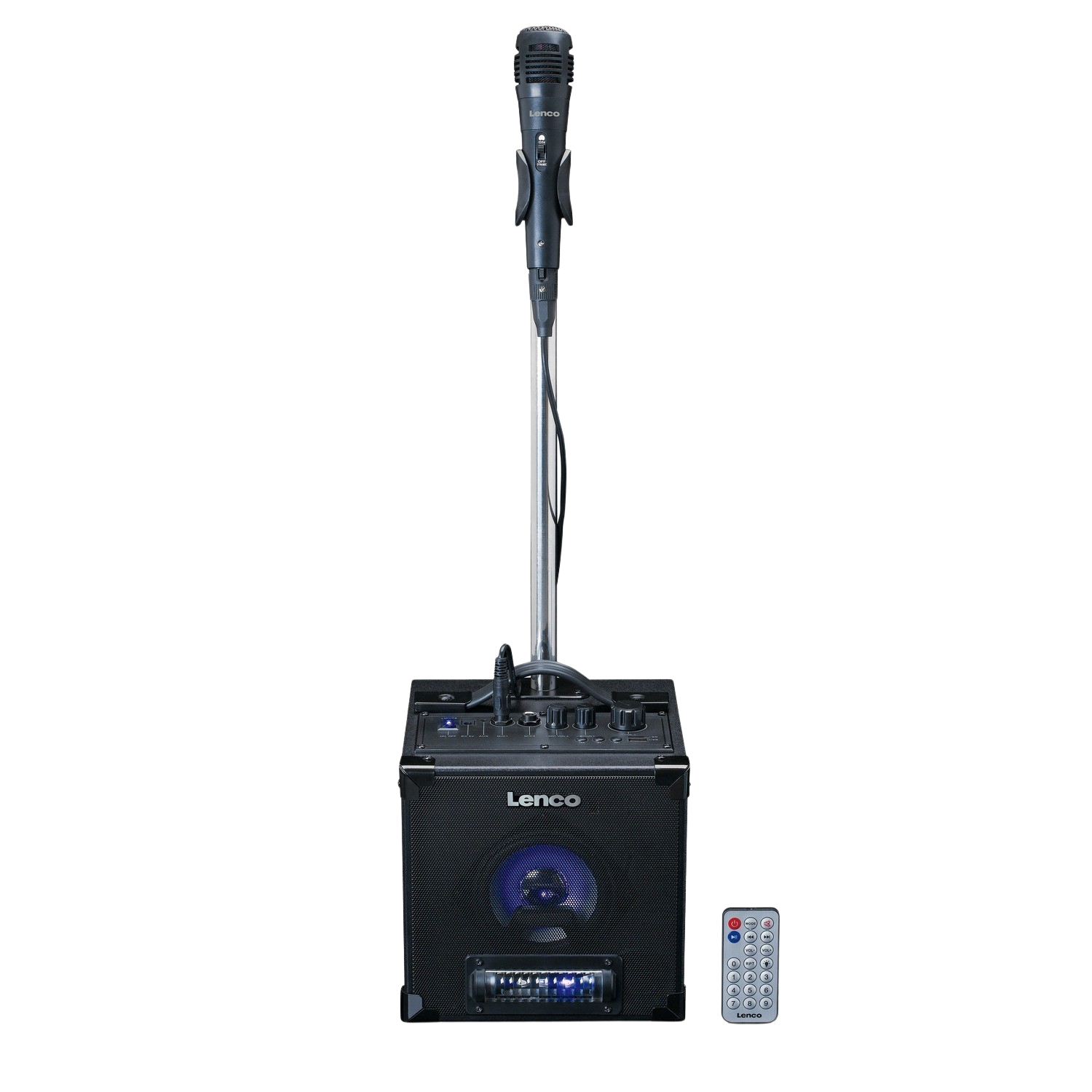 Lenco speaker system with microphone and remote control on black background.