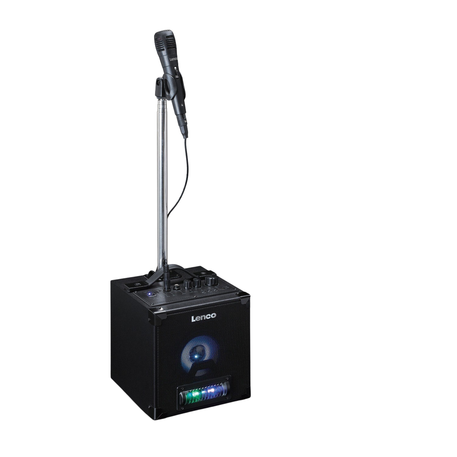 Black karaoke machine with microphone and stand, and a colorful light display.