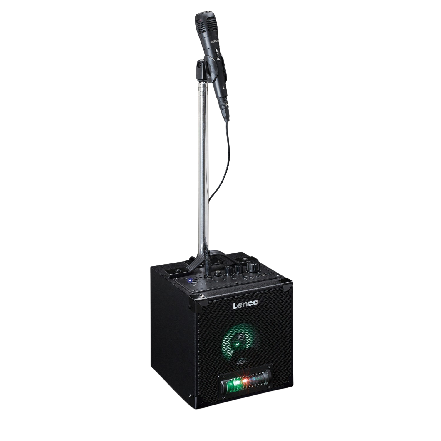 A black speaker with a microphone on a stand. The speaker has a green light.