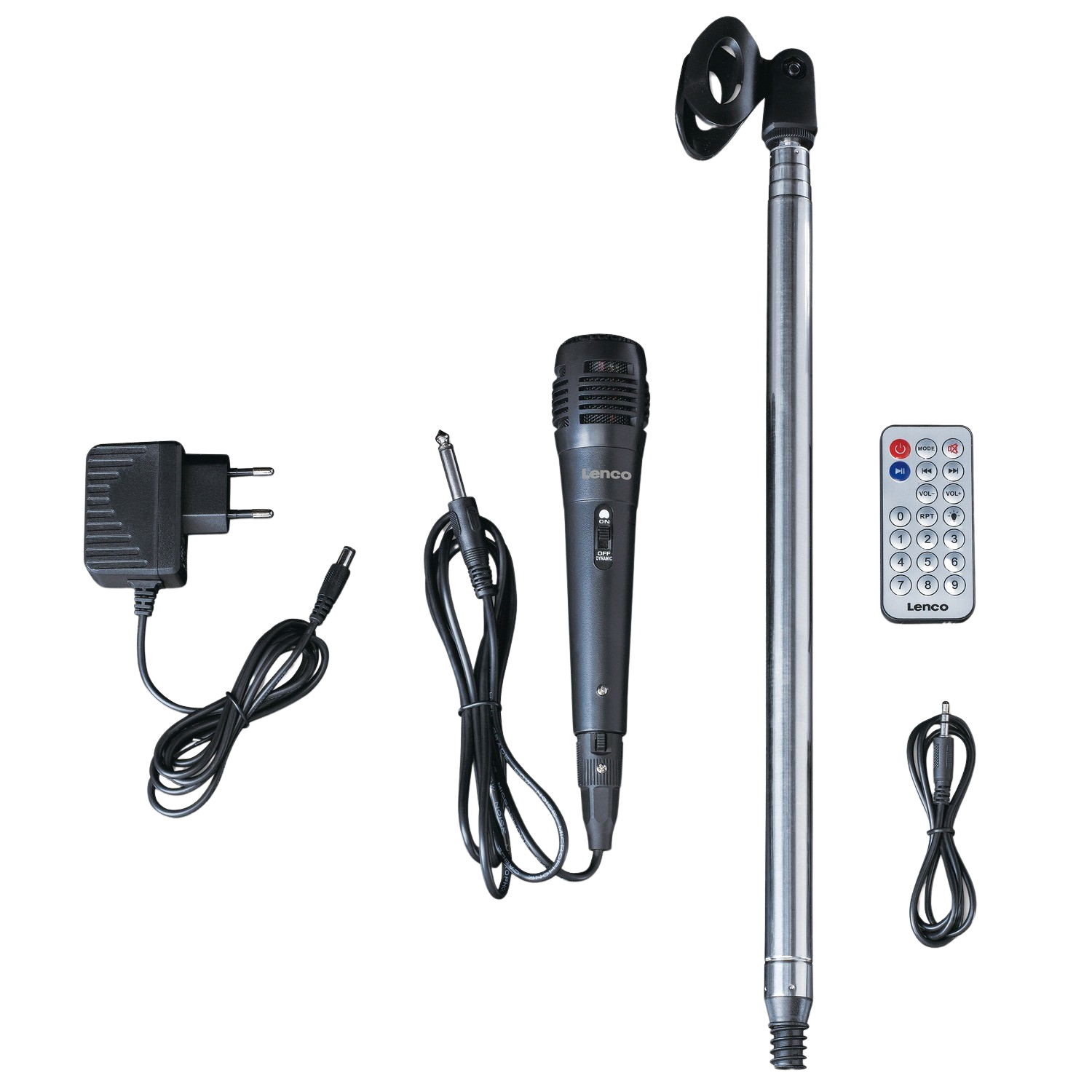 Microphone set with stand, power adapter, and remote control, on a black background.