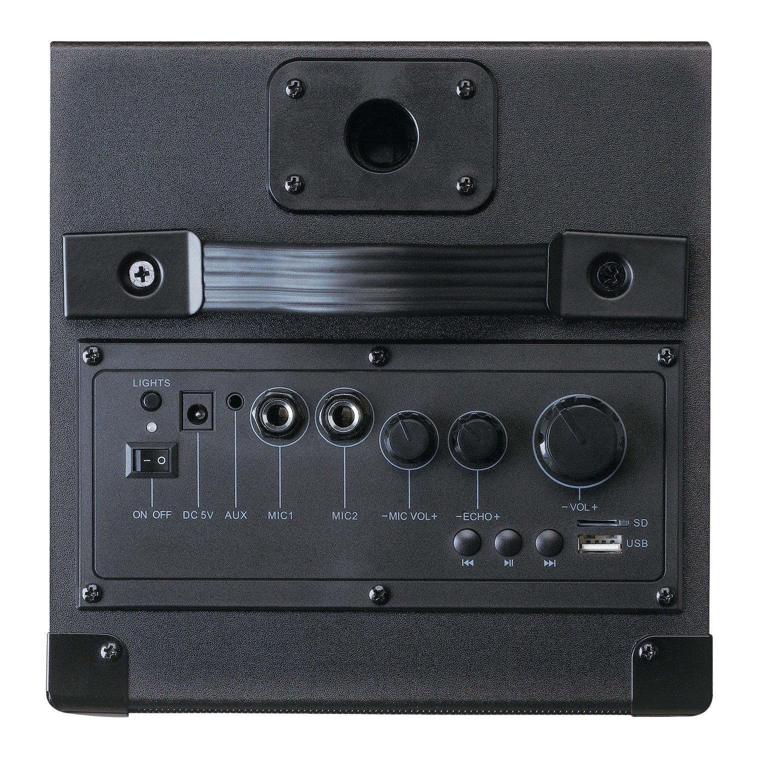 Back of black speaker with handle, control panel and ports.