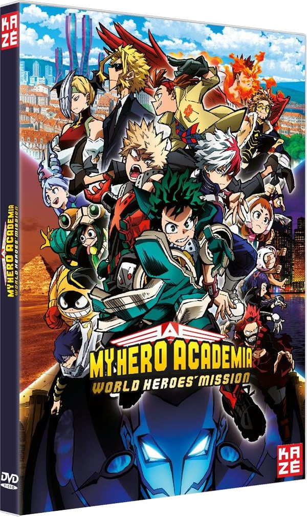 Couverture DVD avec des personnages de My Hero Academia et un paysage urbain. Le titre est jaune et rouge.