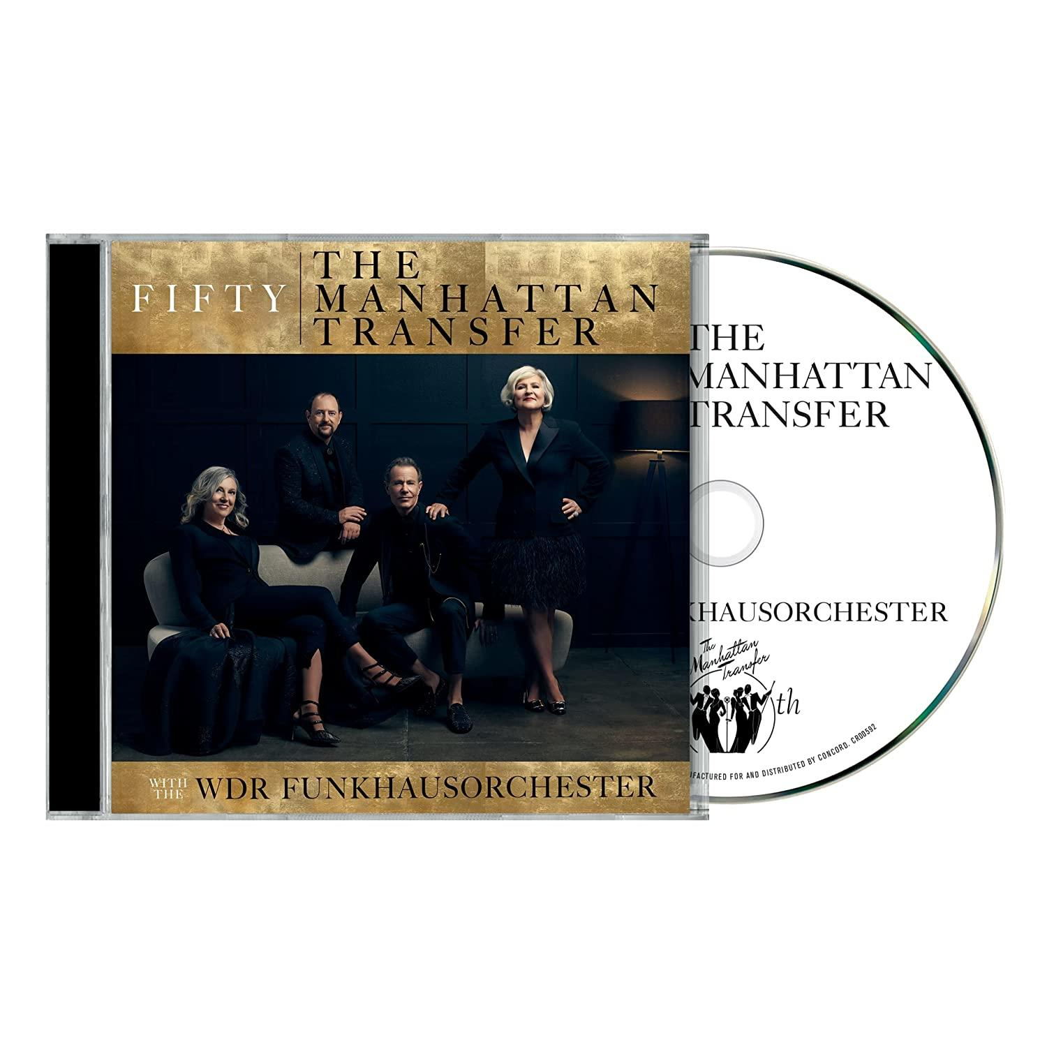 CD-Cover mit vier Personen. Text "The Fifty Manhattan Transfer". CD daneben.