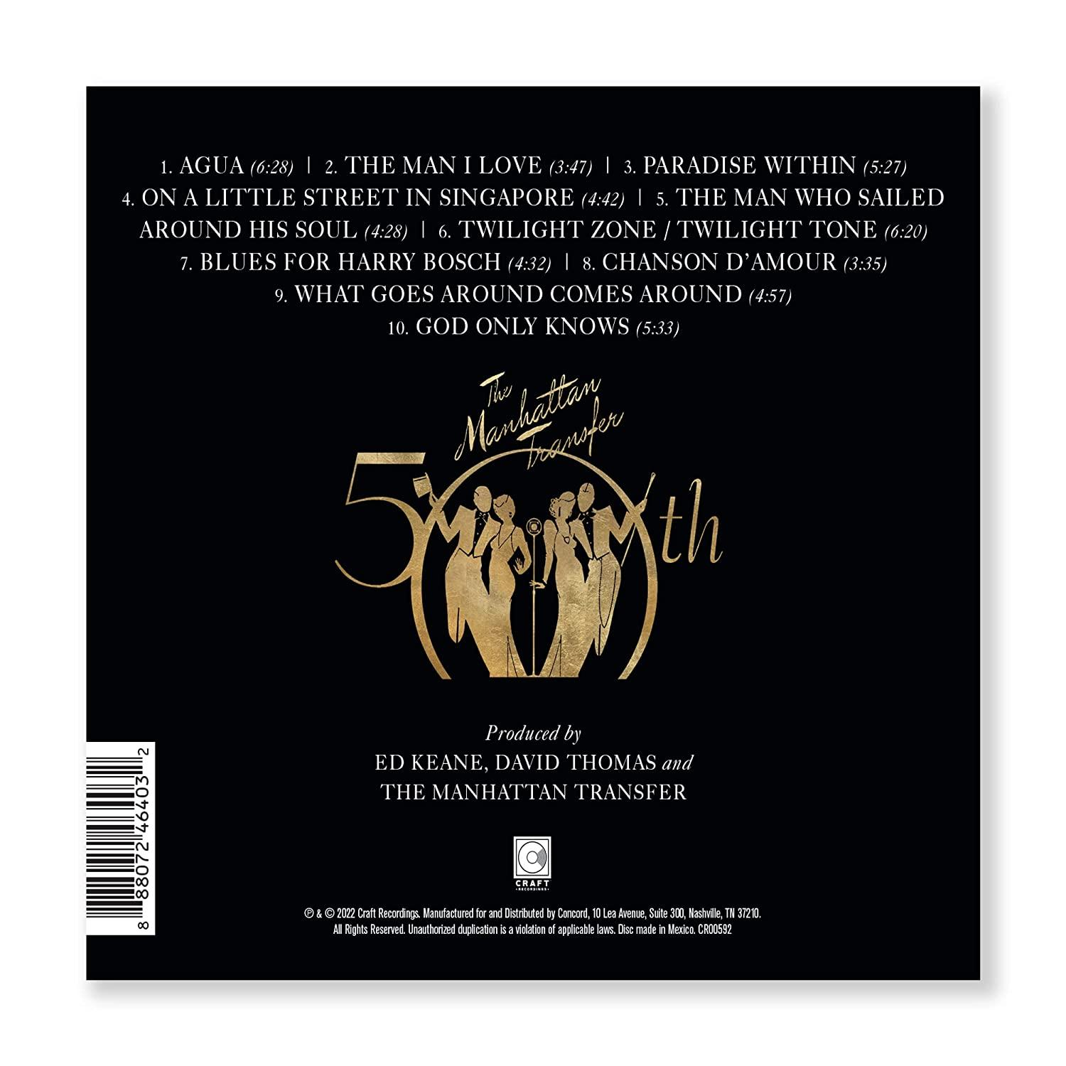 Rückseite eines Albumcovers, schwarzer Hintergrund mit Titelliste und The Manhattan Transfer Logo.