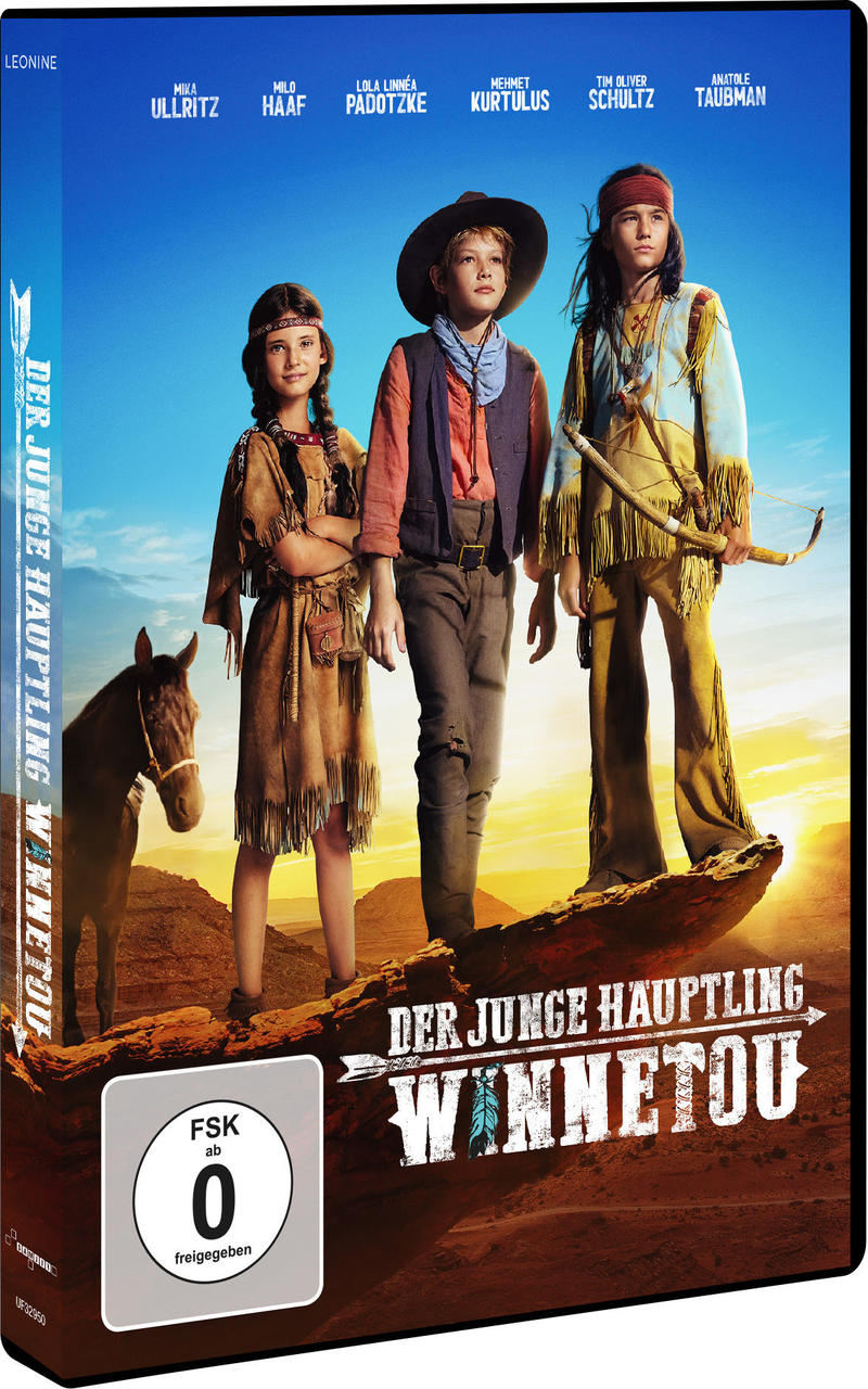 DVD-Cover mit drei Kindern, einem Pferd und deutschem Text. Es ist ein Film mit dem Titel 'Der Junge Häuptling Winnetou'.