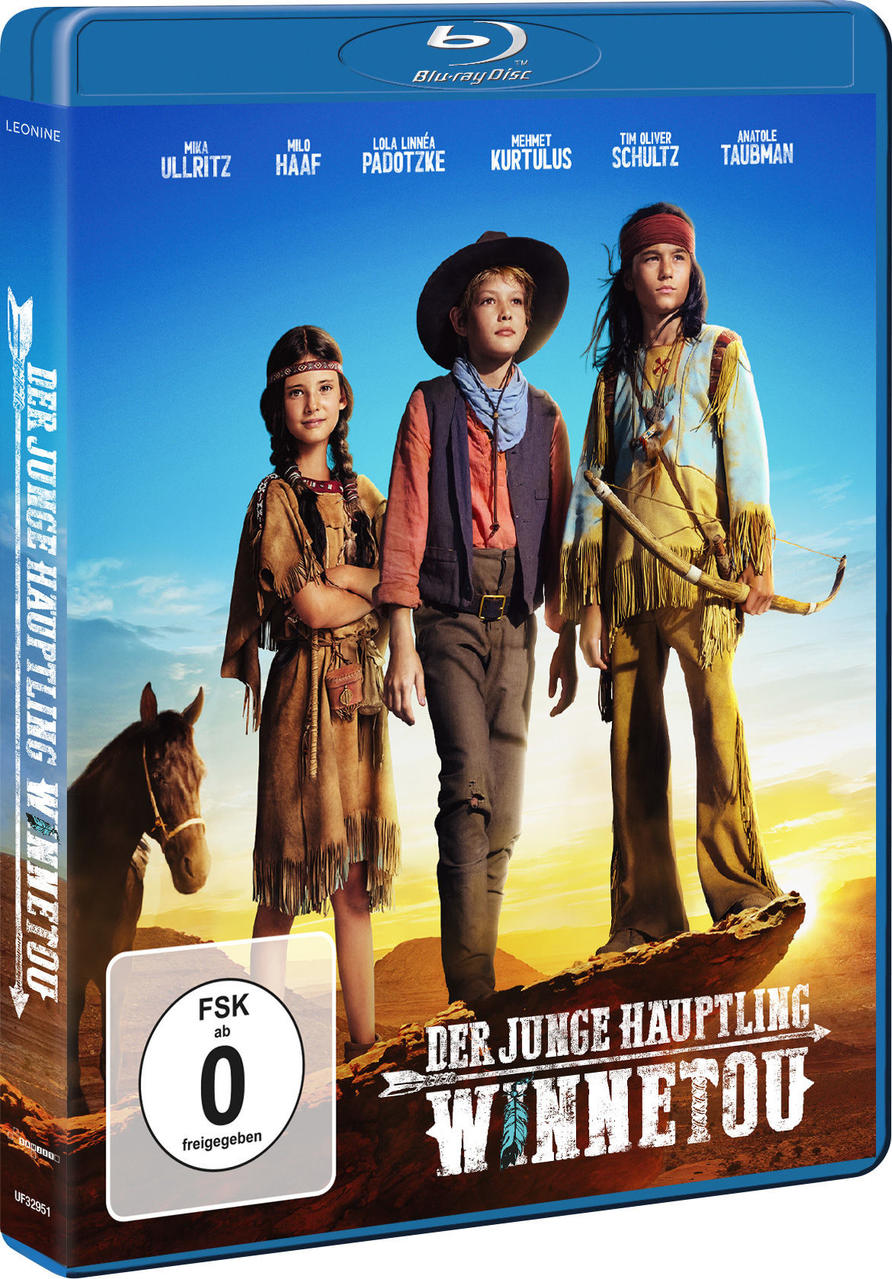 DVD-Cover von 'Der Junge Häuptling Winnetou' mit drei Kindern und einem Pferd, blaues Case.