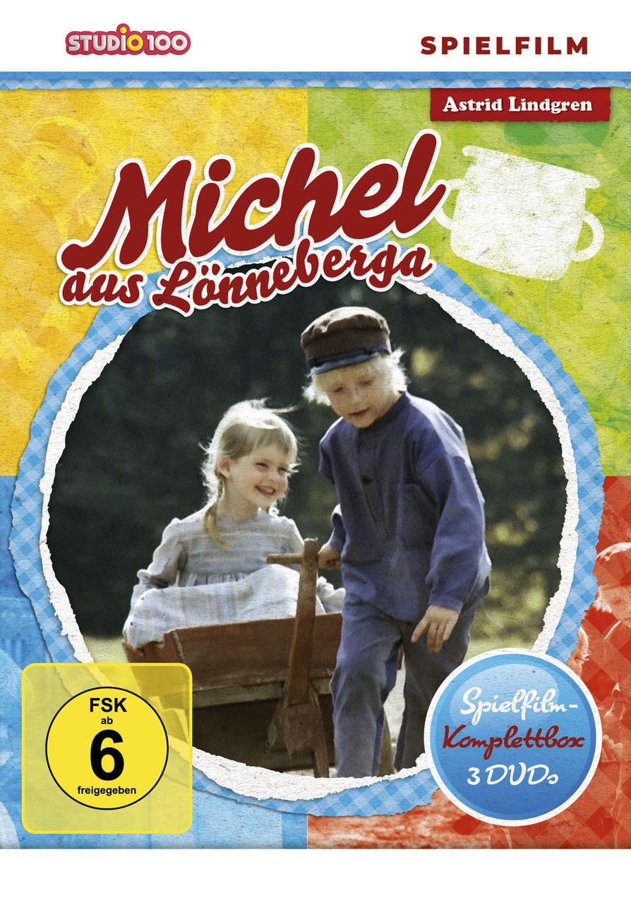 Filmcover „Michel aus Lönneberga“. Zwei Kinder und ein Holzkarren.