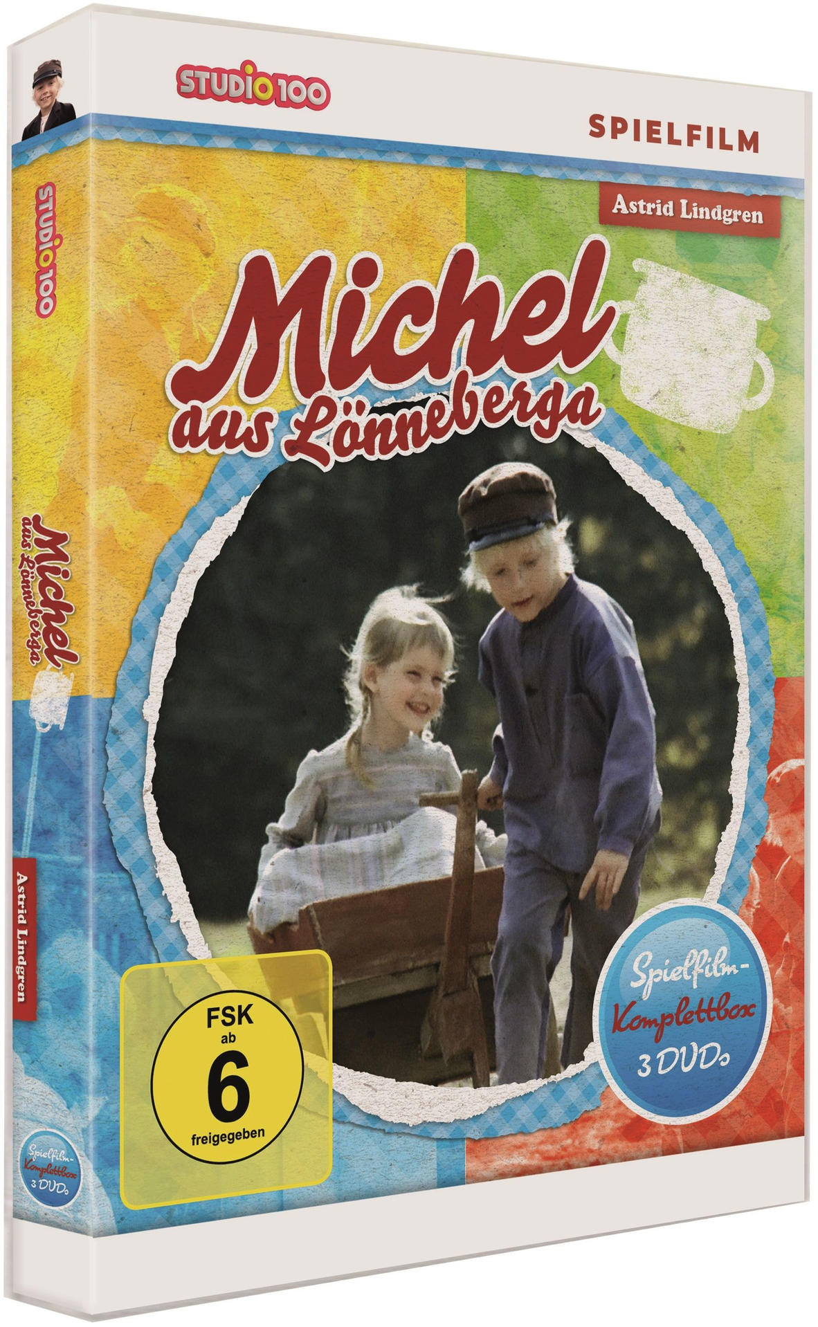 DVD-Hülle eines Films, Michel aus Lönneberga, mit zwei Kindern. Studio 100 Logo.