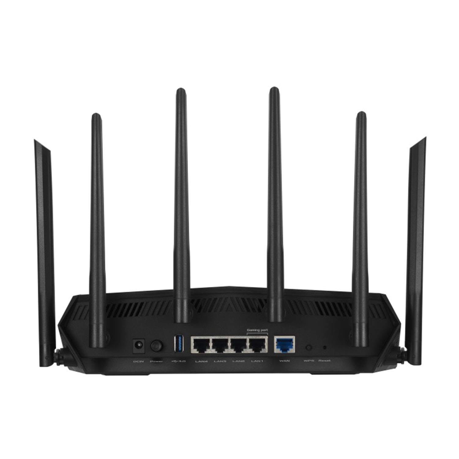 Retro di un router nero con antenne, che mostra porte e connessioni, sfondo bianco.