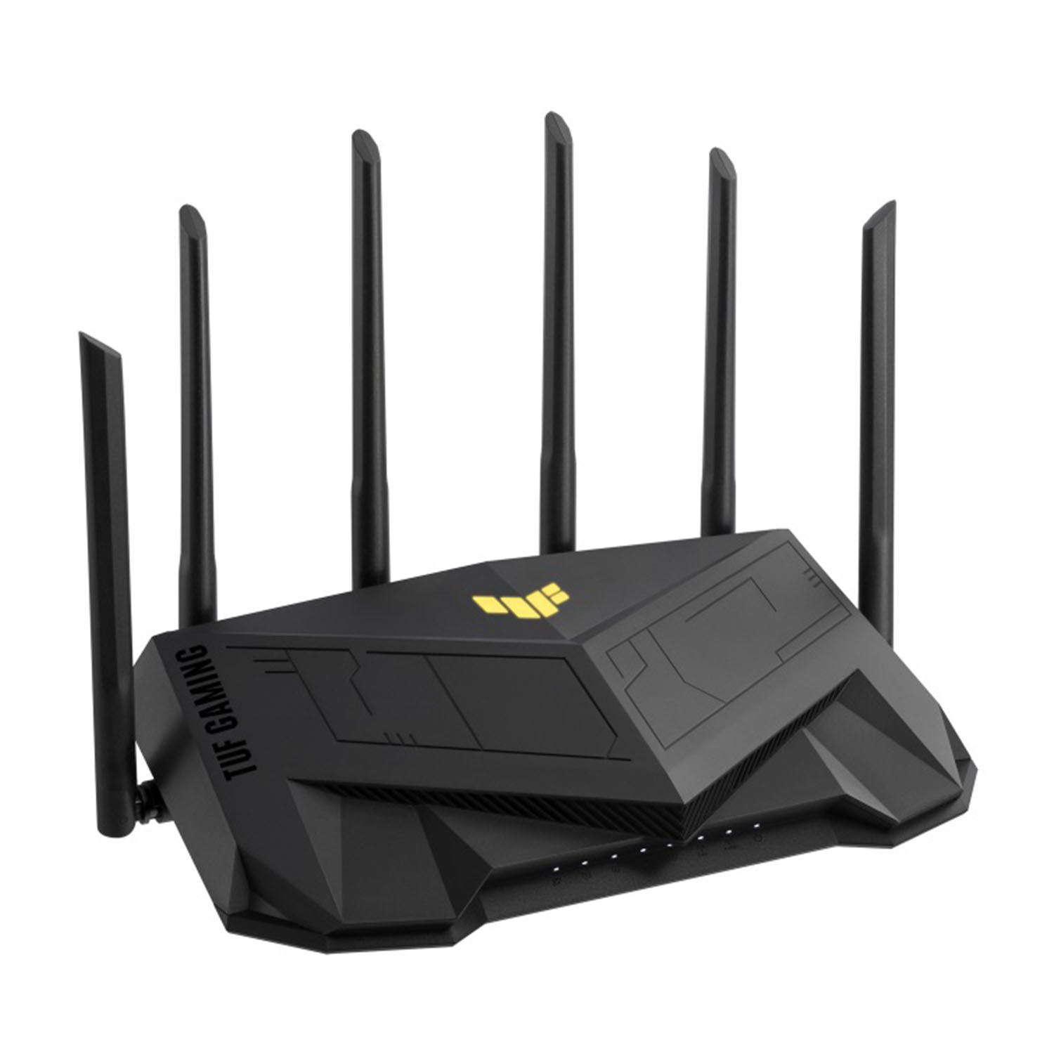 Un router da gioco nero con sei antenne, con il logo TUF GAMING visibile sulla parte anteriore.