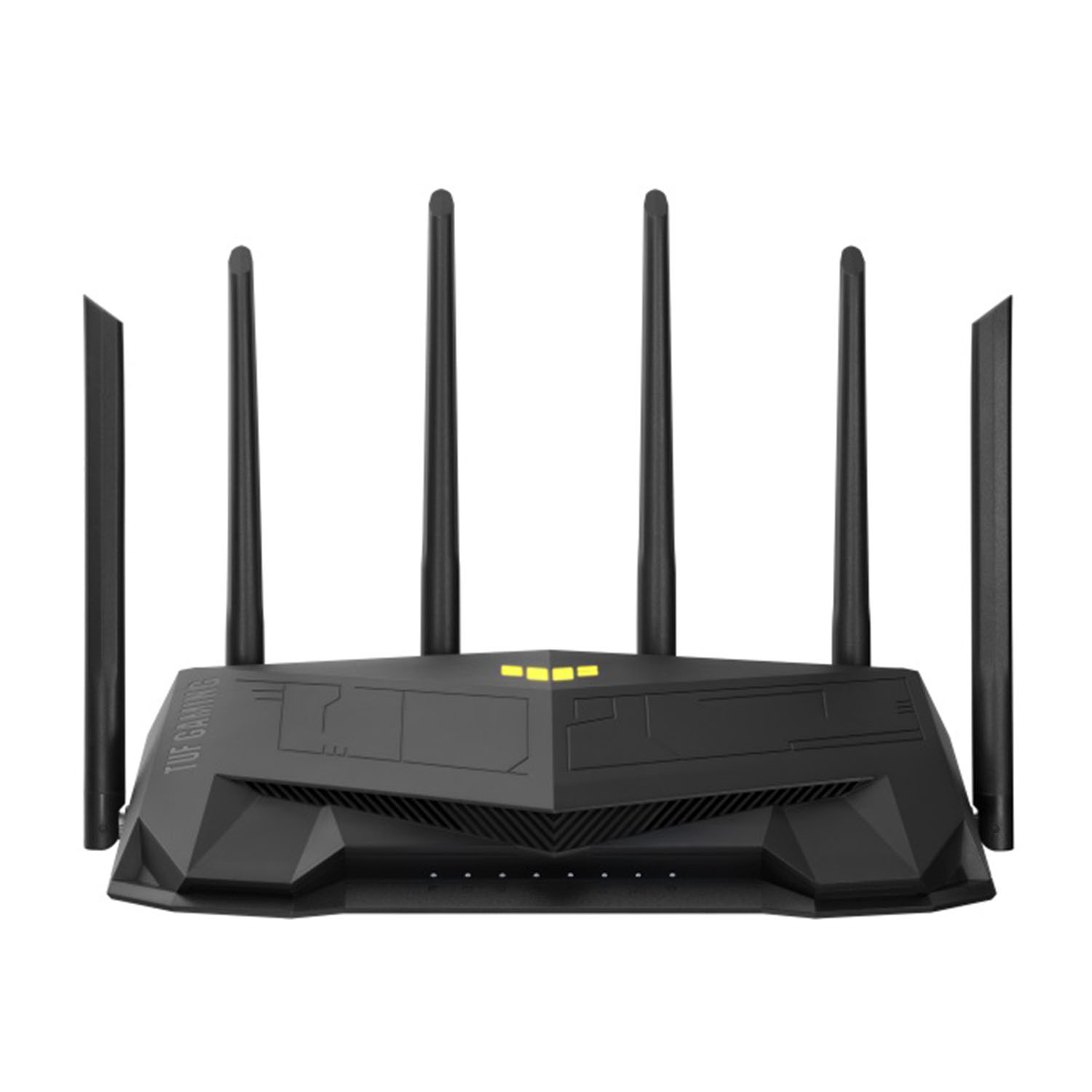 Router nero con antenne. La parte anteriore ha un design da gioco. Ha più porte e luci.
