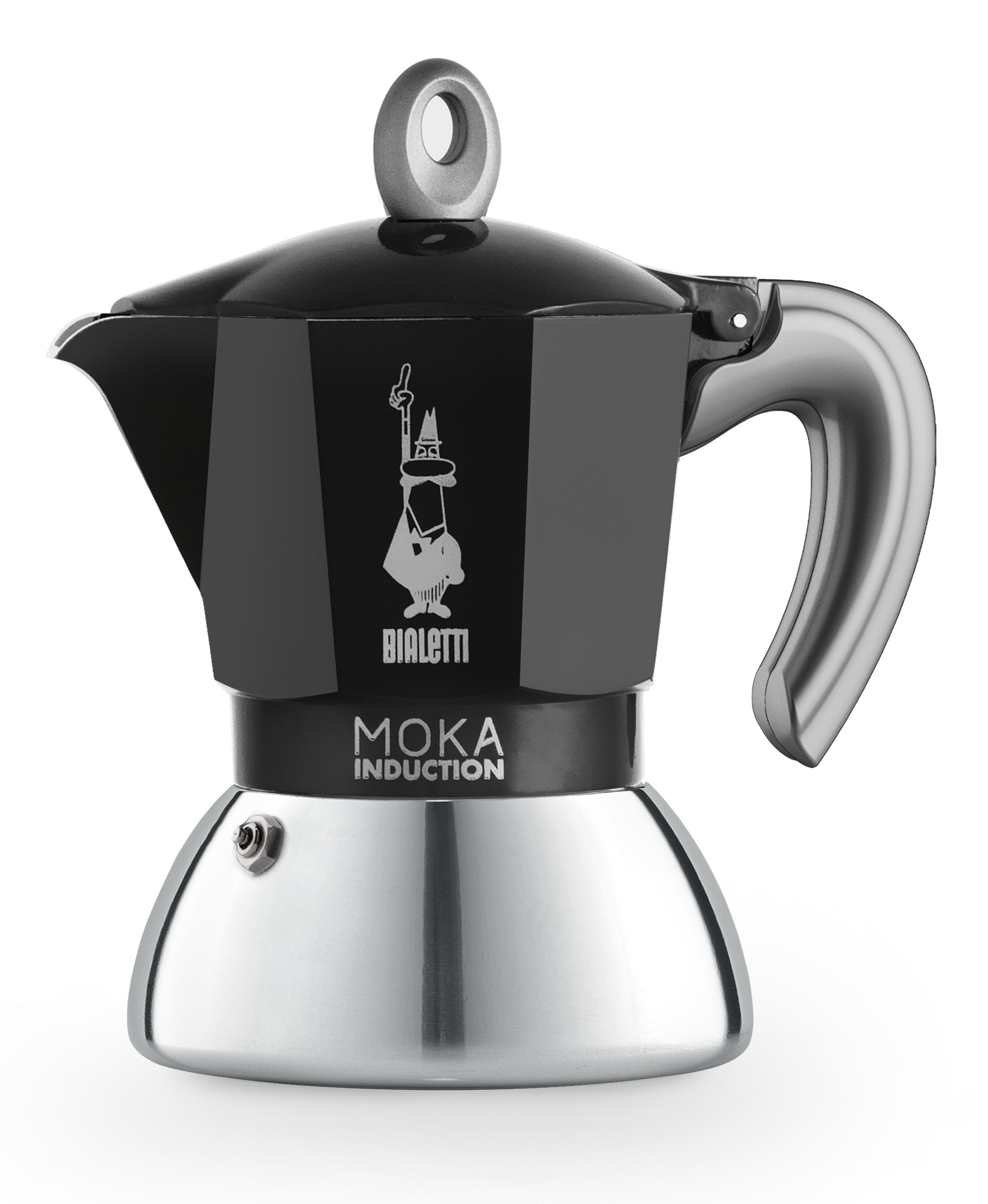 Schwarzer und silberner Moka-Induktions-Espressokocher. Bialetti-Logo, schwarzer Deckel, silberner Sockel und Griff.