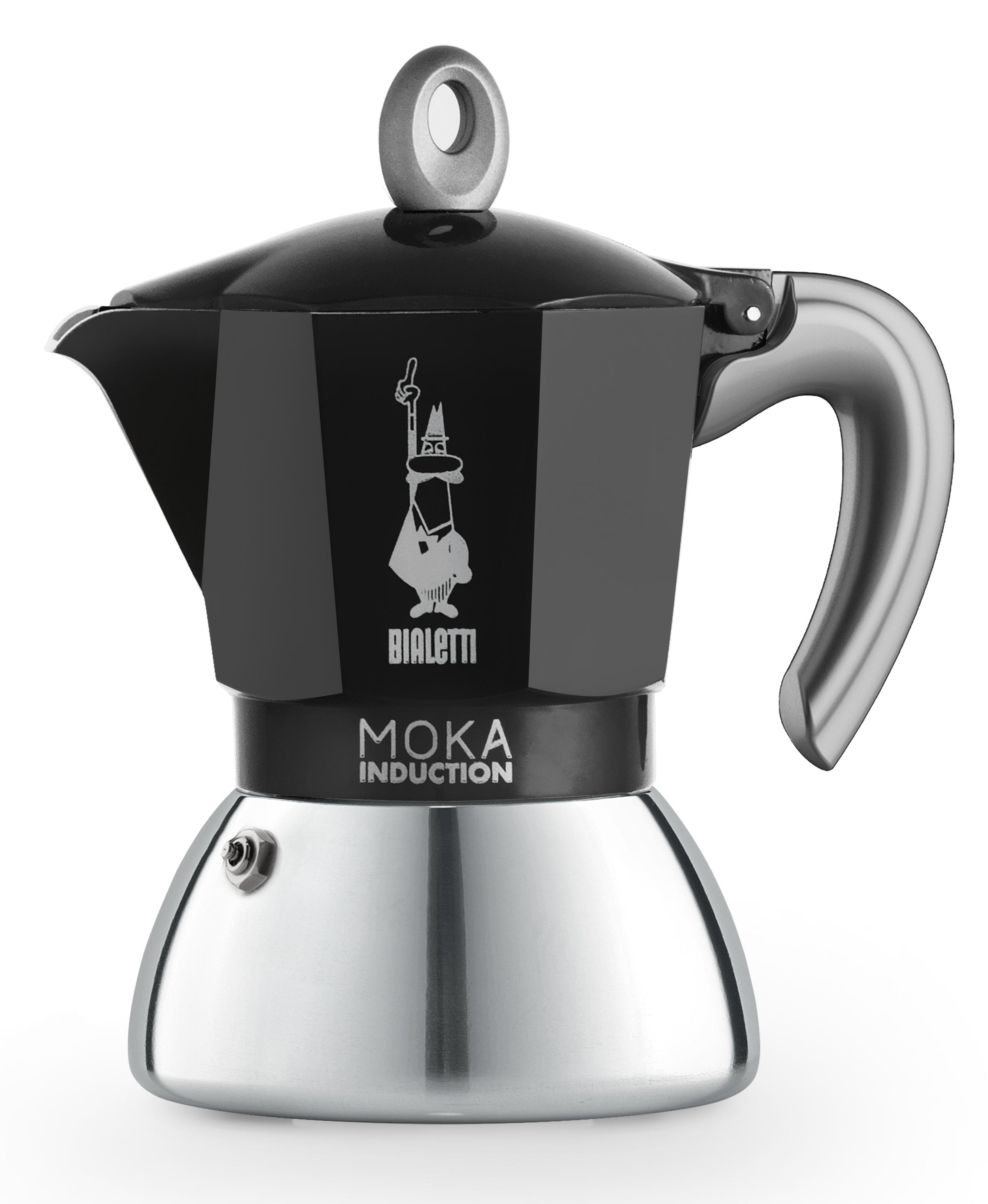 Schwarz-silberne Moka-Kanne mit Bialetti-Logo und dem Text 'Moka Induction' auf der Vorderseite.