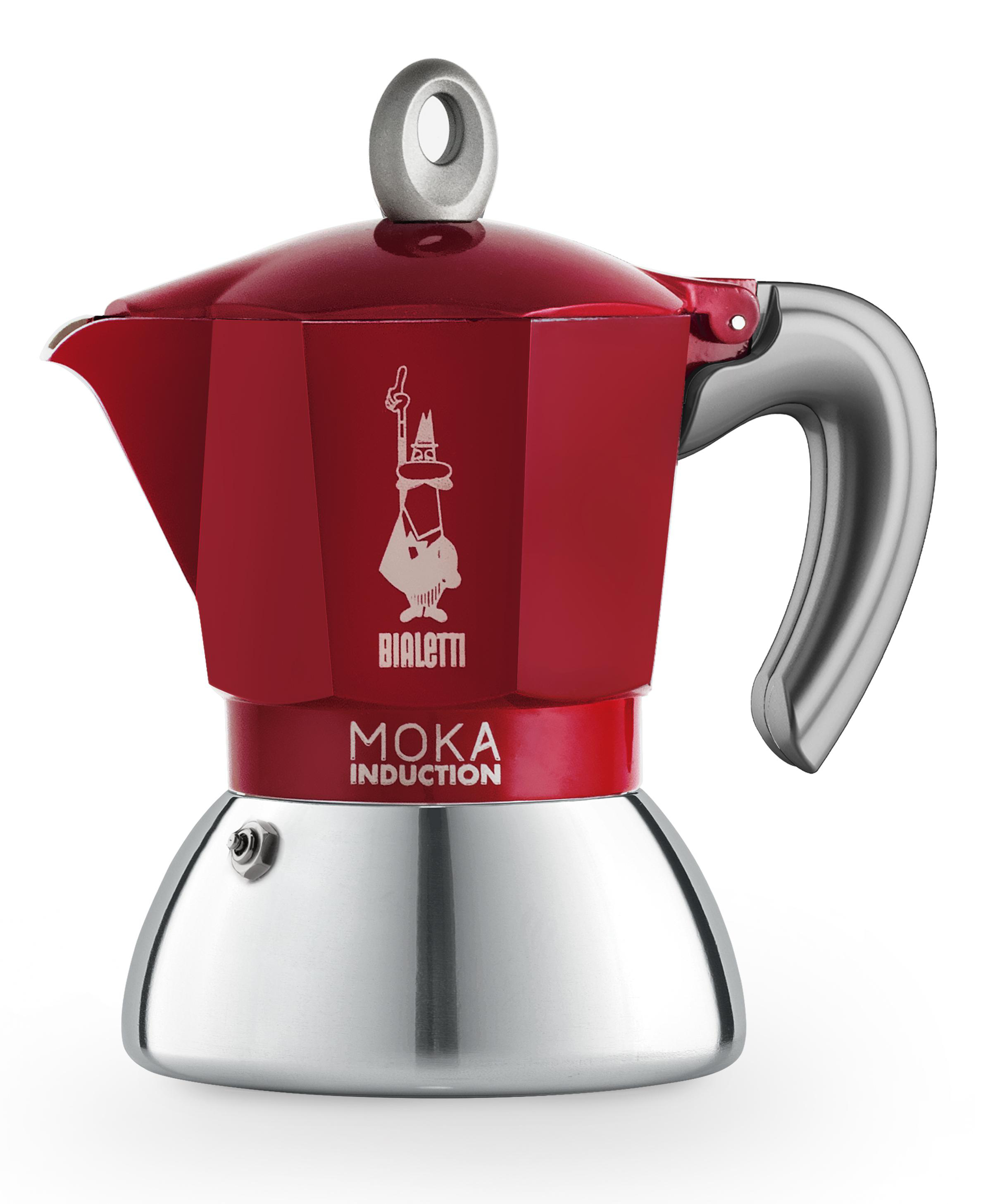Roter Bialetti Moka Induktions-Kaffeekocher auf weißer Oberfläche. Silberne Akzente und Griff.