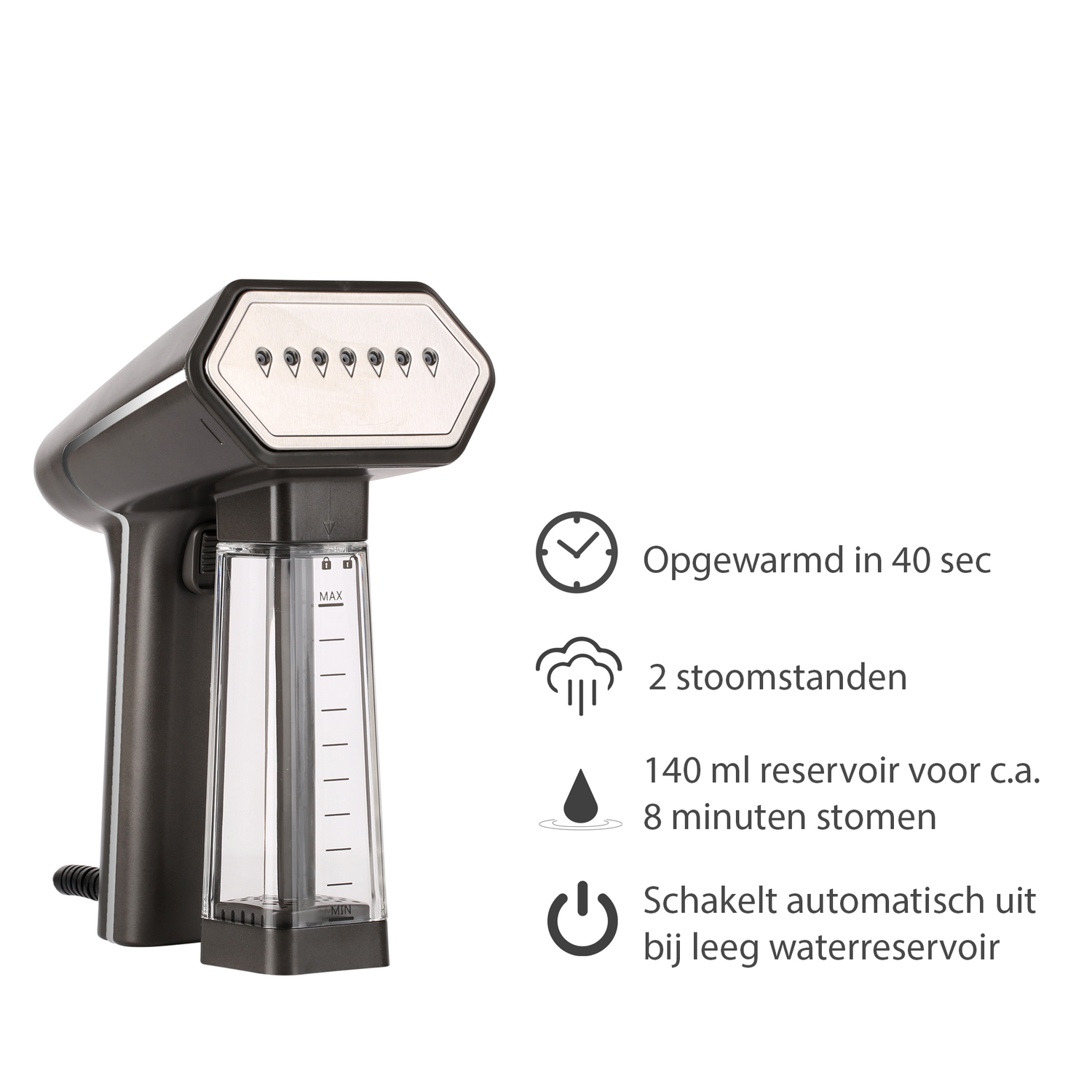 Zwarte handstomer met een doorzichtig waterreservoir. Tekst geeft aan dat het in 40 seconden opwarmt. Andere pictogrammen zijn ook aanwezig.