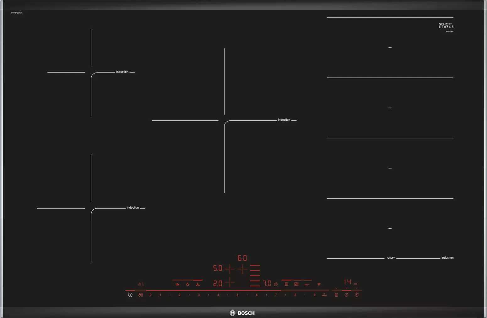Table de cuisson à induction Bosch noire avec affichage numérique rouge et marquages blancs. Fond noir.