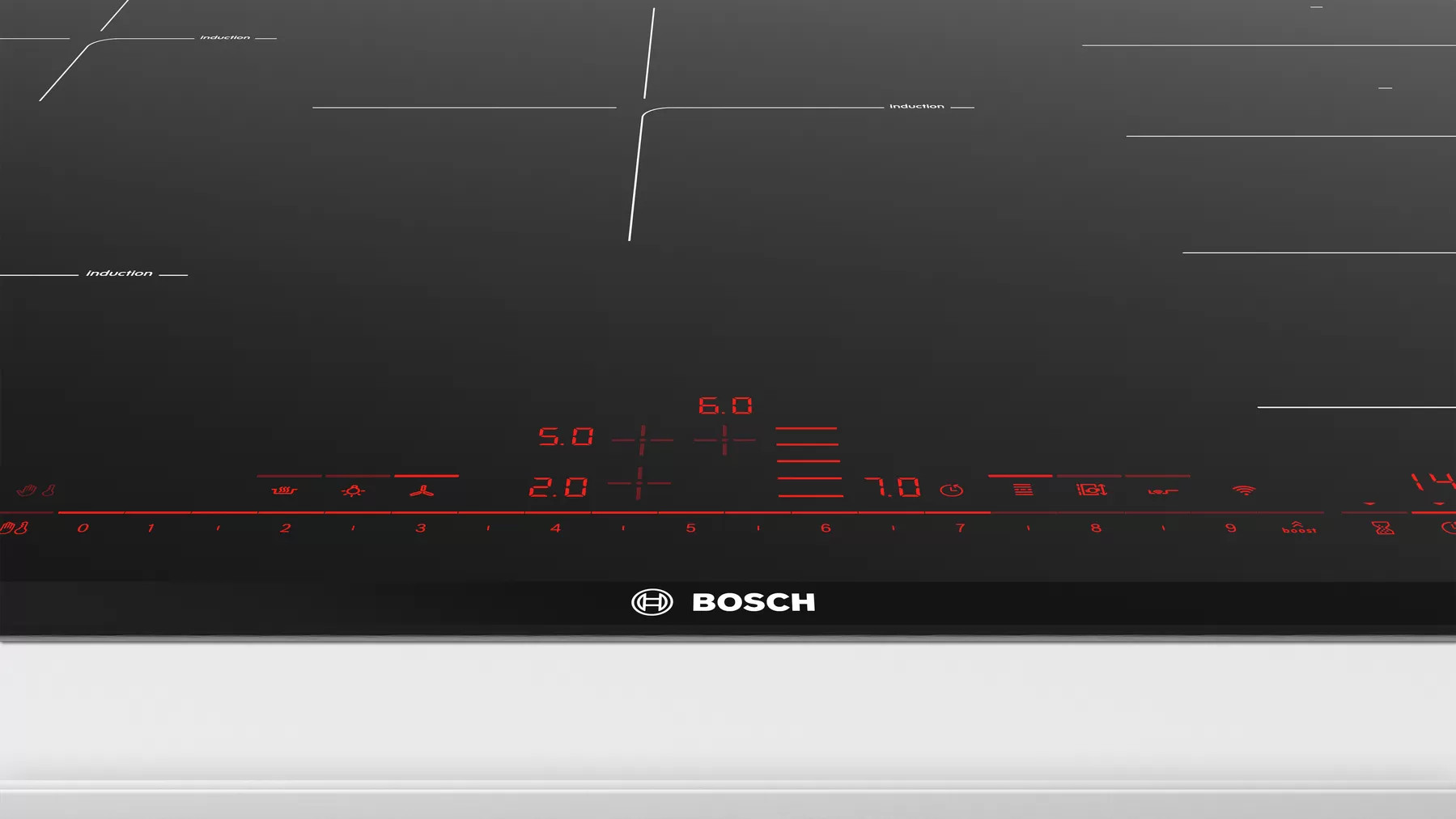 Table de cuisson à induction noire avec affichage numérique rouge et logo Bosch.