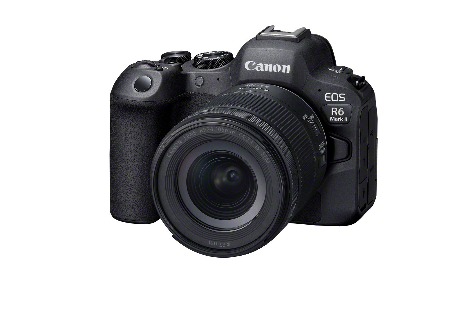 Schwarze Kamera mit Objektiv. Weißer Hintergrund. Canon EOS R6 Mark II steht auf dem Gehäuse.
