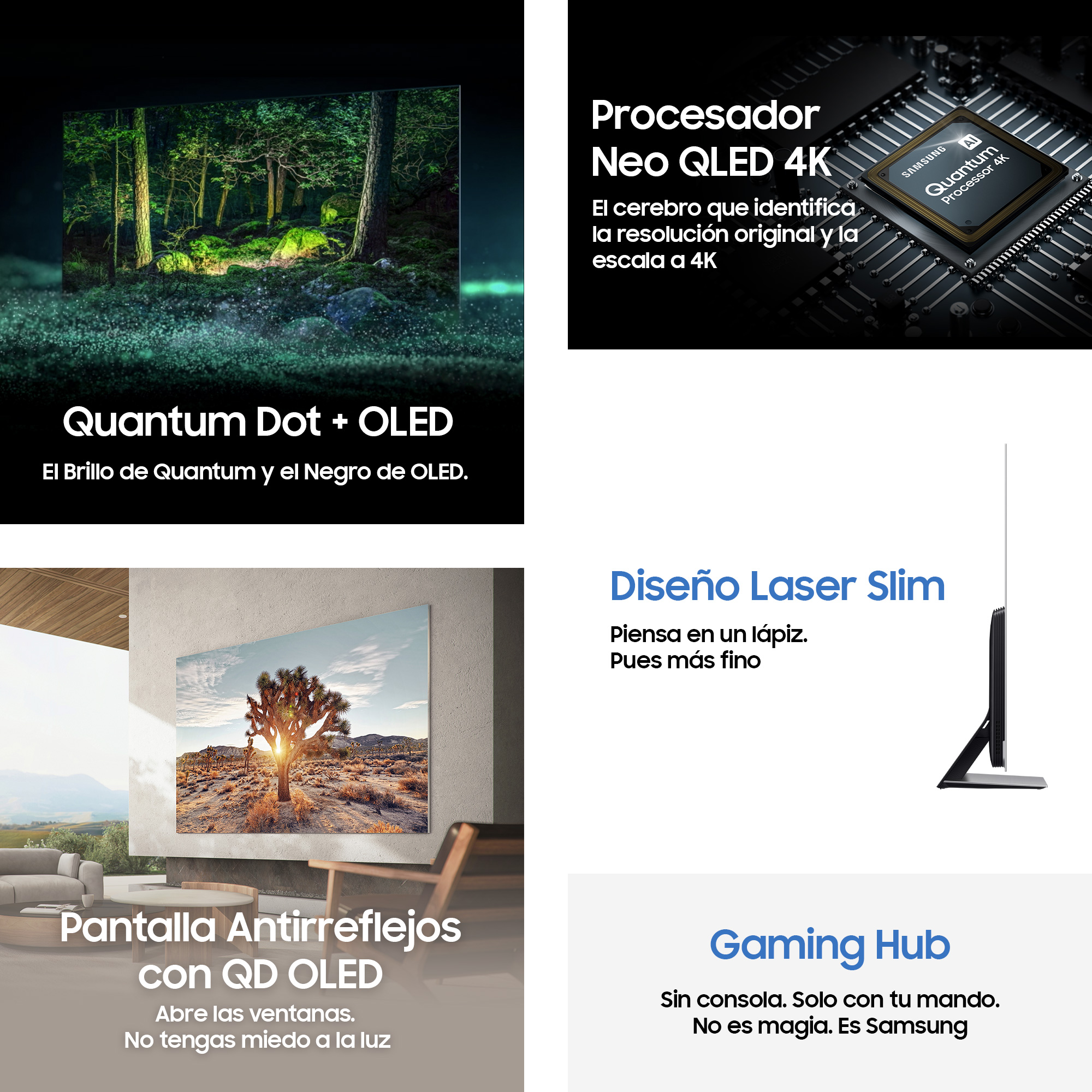 Cuatro imágenes que promocionan televisores Samsung. Características incluyen Quantum Dot OLED, pantalla antirreflectante.