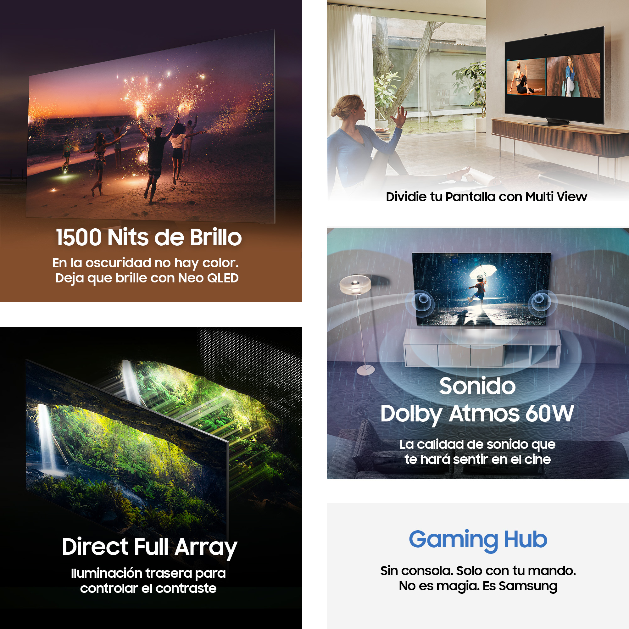 Pantalla de TV con múltiples imágenes. Texto incluye '1500 Nits de Brillo', 'Dolby Atmos 60W', 'Gaming Hub'.
