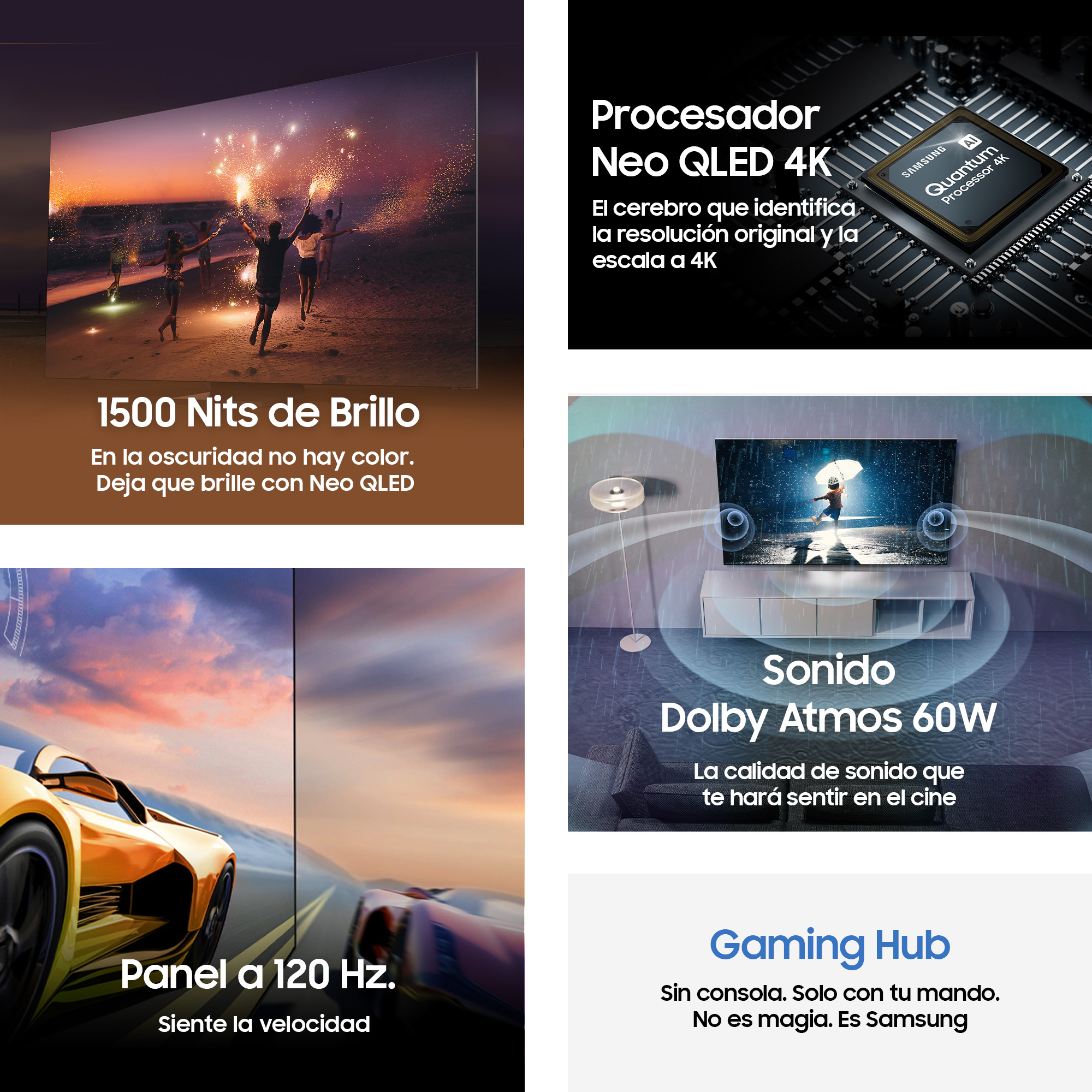 Pantalla Samsung mostrando visuales con texto. Brillo alto, 120 Hz, Dolby Atmos.