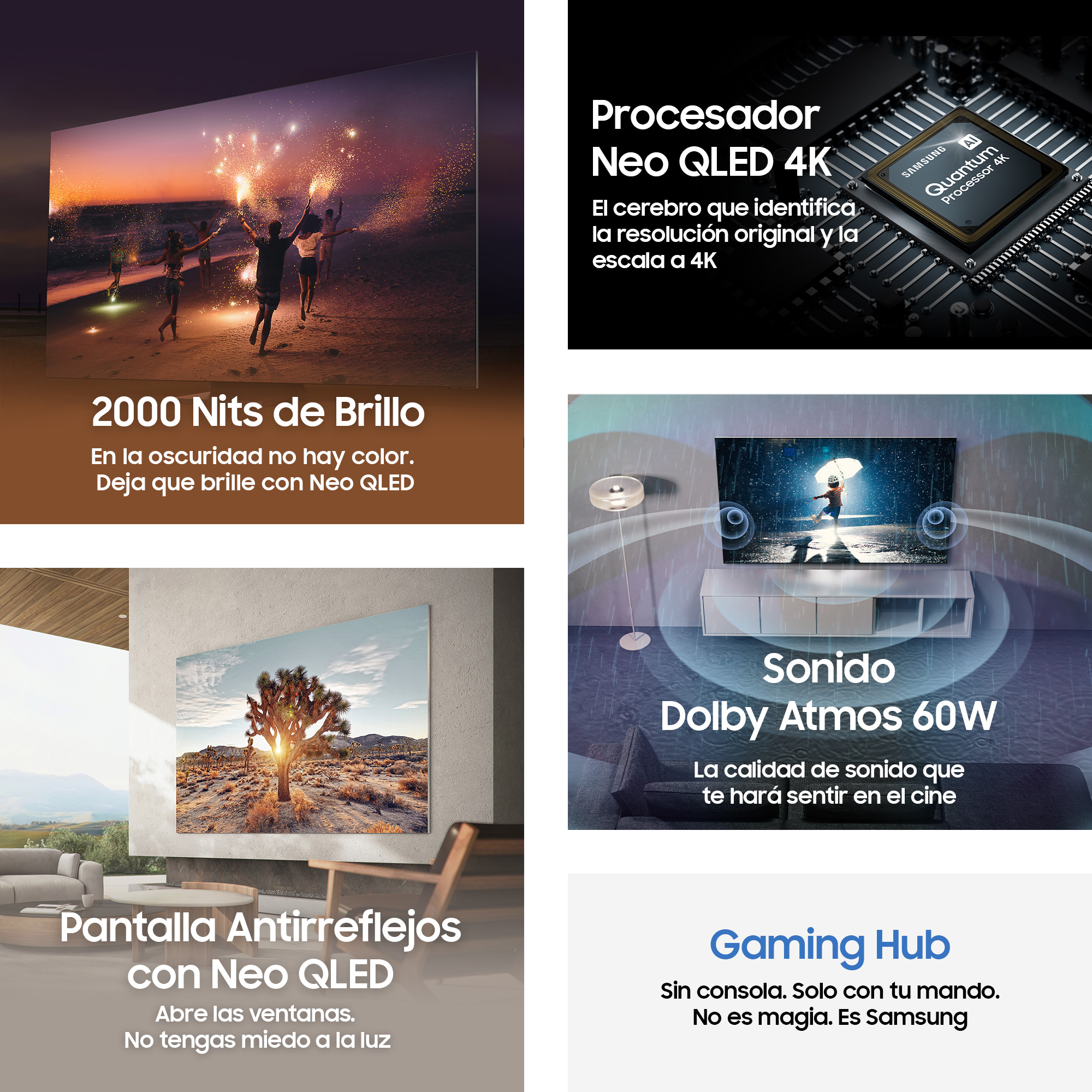 Un collage de imágenes que muestran las características de la TV, incluyendo brillo, antirreflejos y sonido Dolby Atmos.