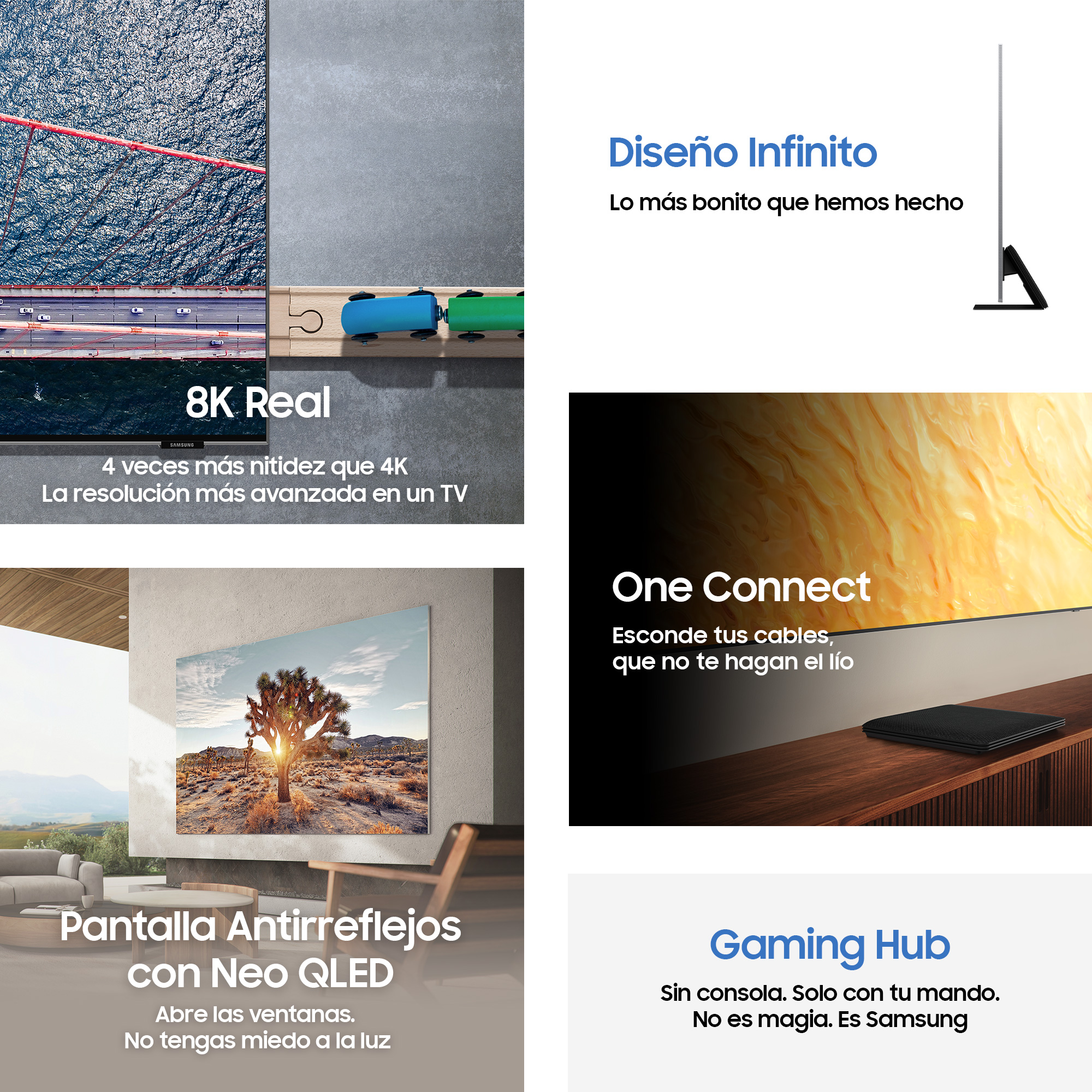 TV con texto: 8K Real, 4x más nitidez. Texto: Pantalla antirreflectante. Texto: One Connect. Texto: Gaming Hub.