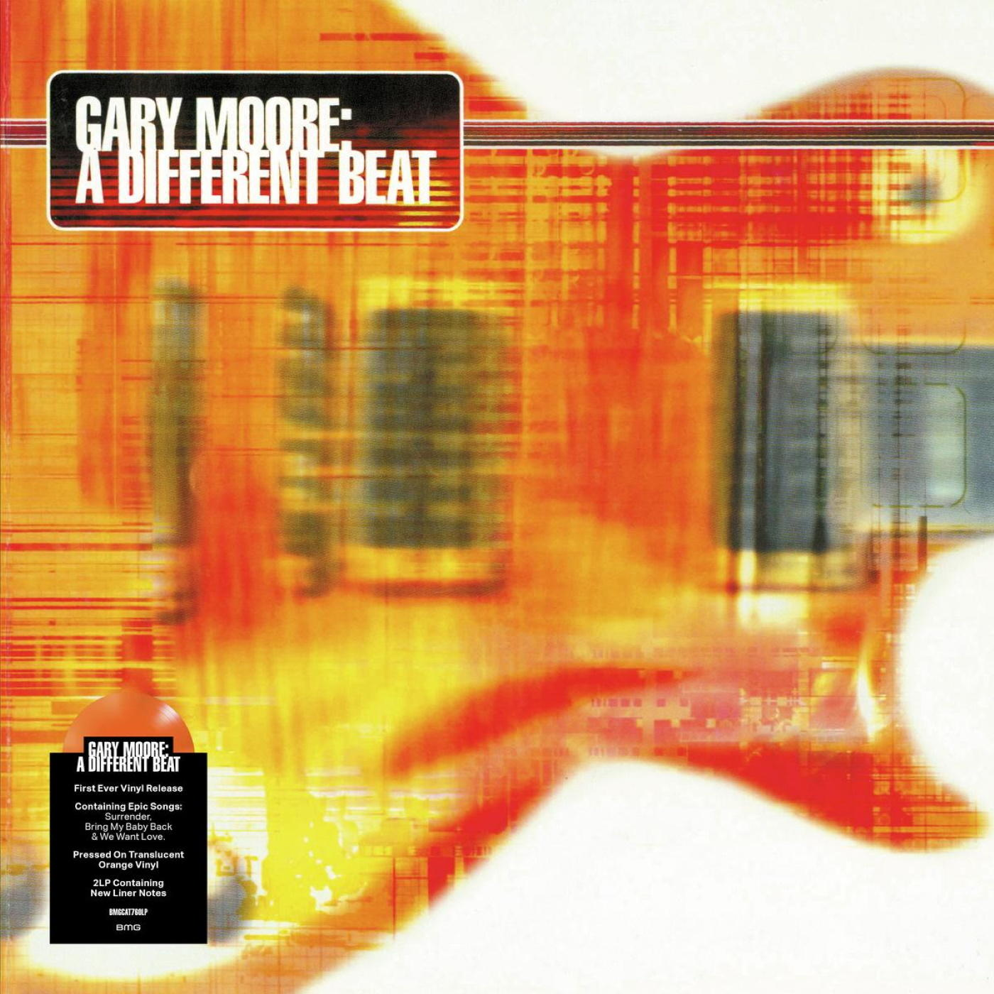 Gary Moore 'A Different Beat' című albumának borítója. Gitár képeket tartalmaz, és egy matricát a számok listájával.