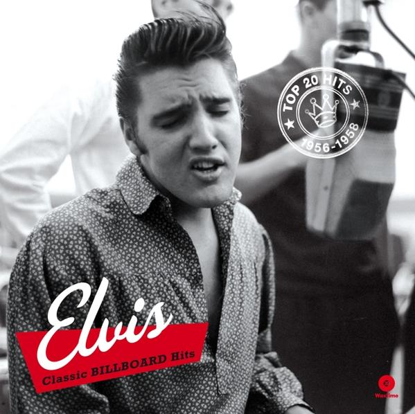 Elvis Presley énekel, fekete-fehér fotó. Mikrofon és szöveg a jobb felső sarokban.