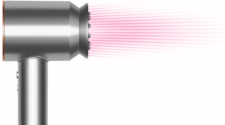 Silver Dyson hair dryer emitting pink air streams.