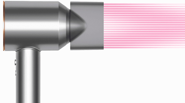 Dyson hair dryer with a pink laser beam effect emitting from the nozzle.