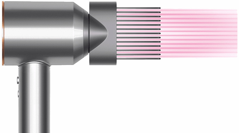 A silver hair dryer with pink light beams coming out.
