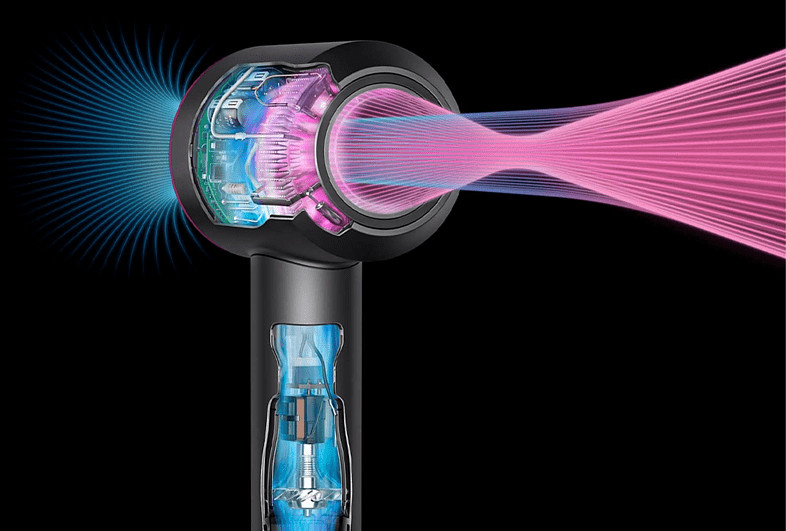 Cutaway view of a Dyson hair dryer showing internal mechanisms and airflow. Black background.