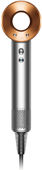 Dyson hair dryer, silver body with a copper ring, black cord on white background.