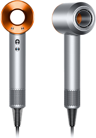 Two views of a silver and orange hairdryer. One shows the front, the other the side.